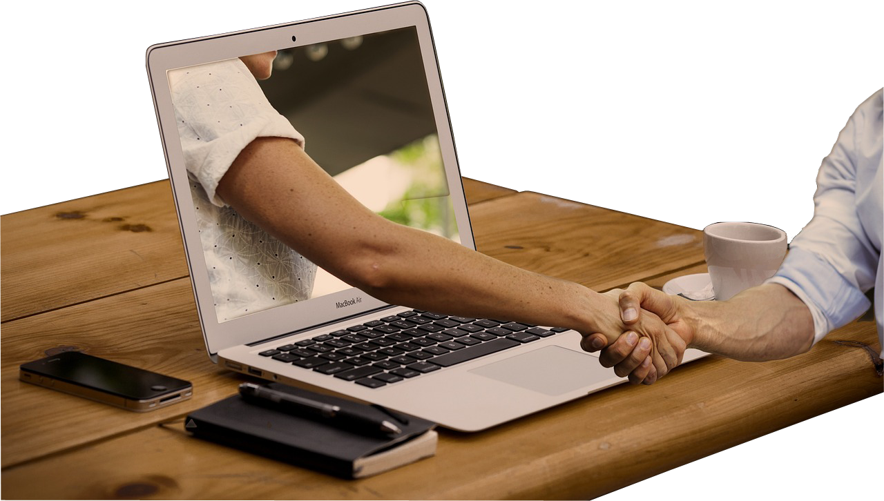 Image of arm reaching through a computer screen shaking hands. Meant to illustrate, contact Waldroop Steel about buildings