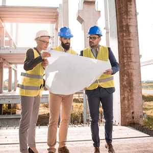 Construction workers standing together reviewing drawings to ensure code compliance for a steel structure